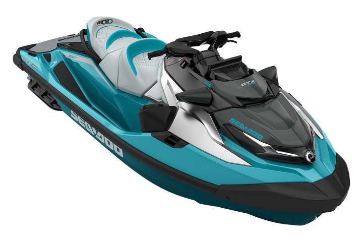 Blue and black Sea-Doo jet ski on a white background.