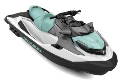A sleek, modern jet ski with a turquoise seat and white body.