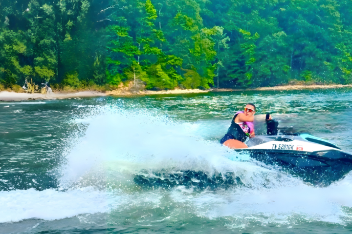 Person riding a jet ski on a lake with forested shoreline.