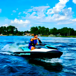 Person on a jet ski in a lake, wearing a life jacket under a blue sky.