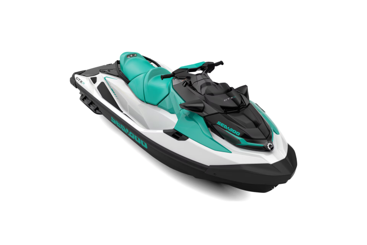 Teal and white jet ski with black accents on a white background.