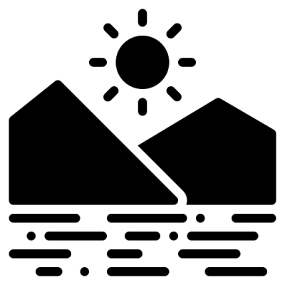 Icon of mountains, sun, and water in black silhouette.